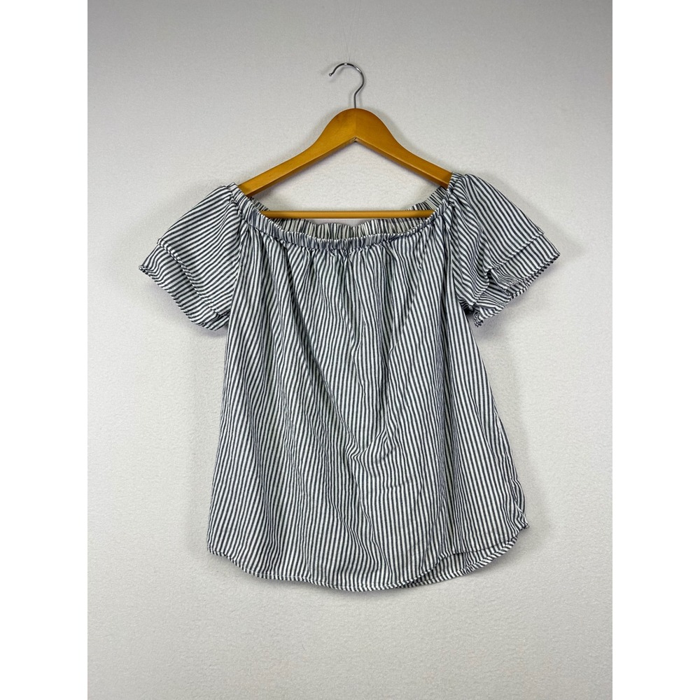 Coastal Boho‎ Old Navy Womens Medium Blue White Striped Off Shoulder Cotton Top